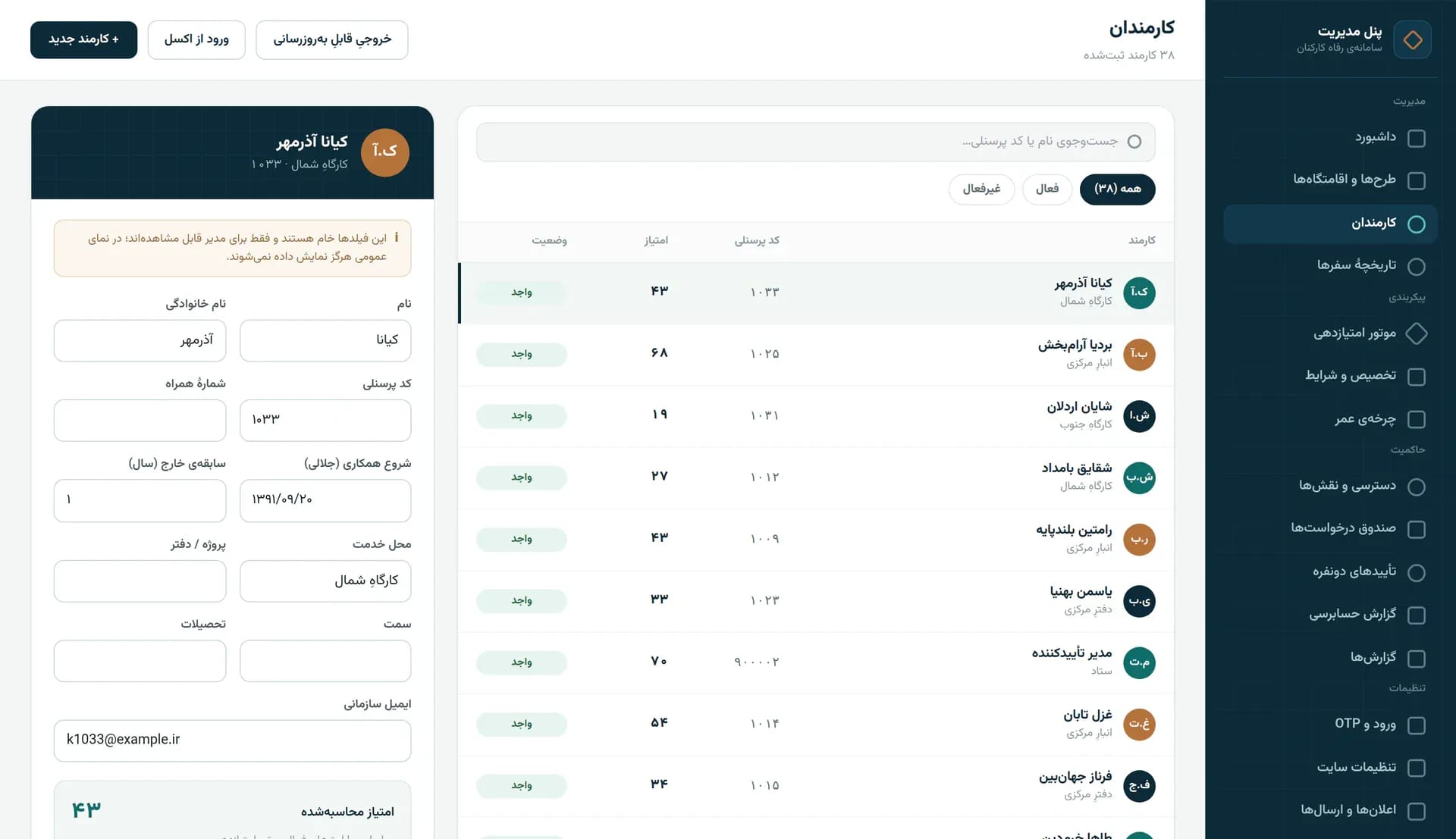 فهرستِ کارمندان در پنلِ مدیریت: جست‌وجو، فیلترِ فعال و غیرفعال، جدولِ کارمندانِ ساختگی با نام، محلِ خدمت، کدِ پرسنلی، امتیاز و وضعیتِ واجدِ شرایط، و کارتِ پروفایلِ کارمندِ انتخاب‌شده با فیلدهای خام که فقط مدیر می‌بیند و امتیازِ محاسبه‌شده